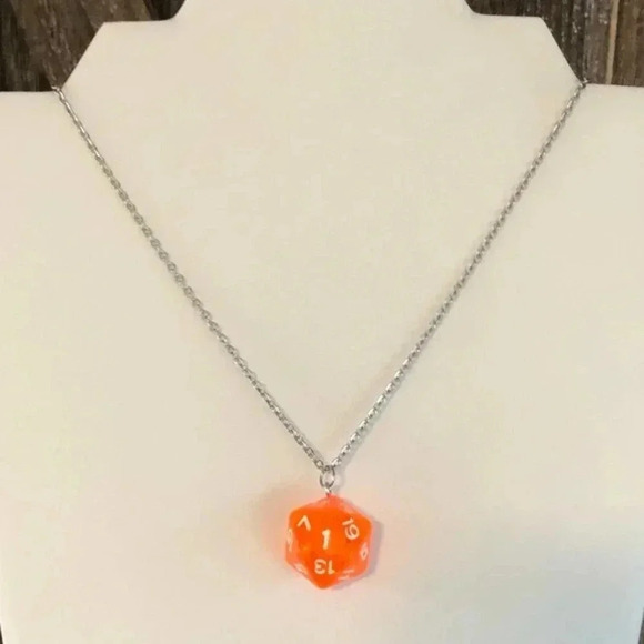 Orange 20 Sided Die D&D Dungeons and Dragons Stainless Steel Necklace - Picture 2 of 4